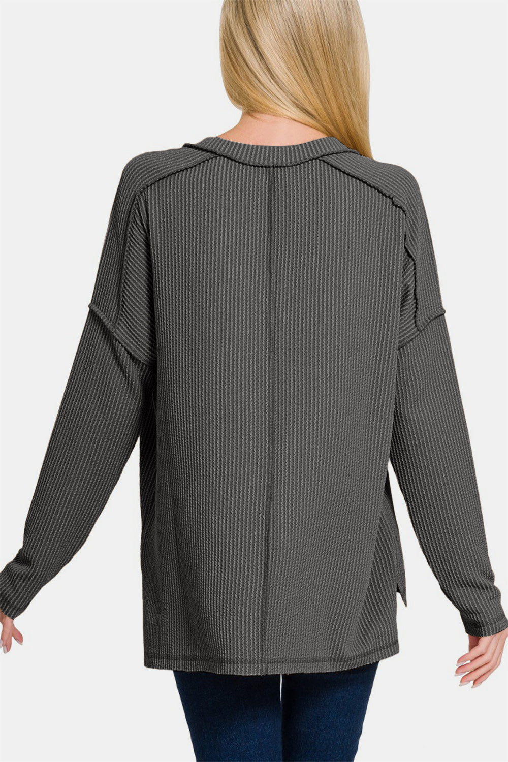 Zenana Texture Exposed Seam V-Neck Long Sleeve T-Shirt - Teresa's Fashionista LLC