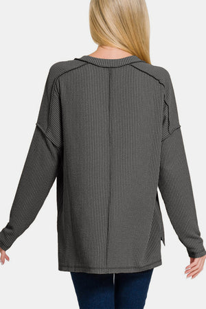 Zenana Texture Exposed Seam V-Neck Long Sleeve T-Shirt - Teresa's Fashionista LLC