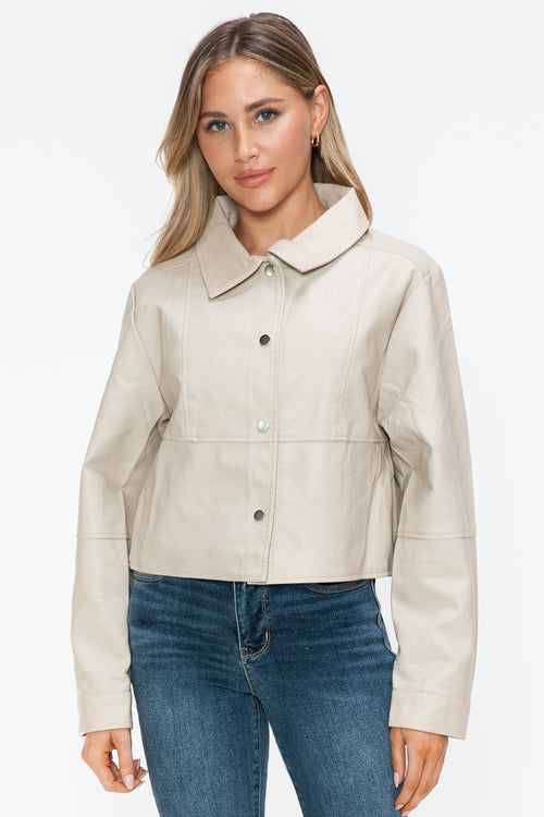 Snobbish Snap Down Long Sleeve PU Leather Jacket - Teresa's Fashionista LLC