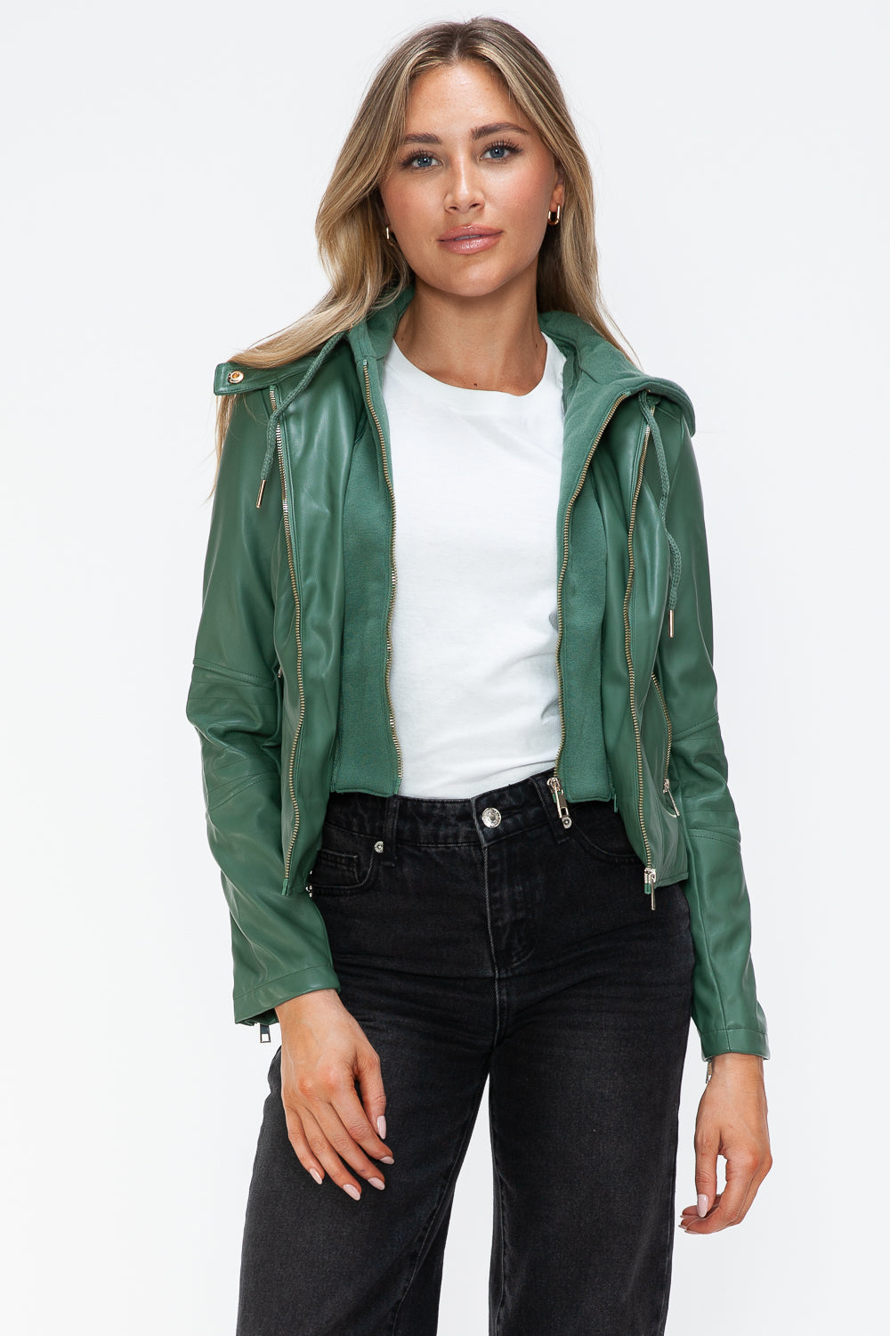 Snobbish Faux Leather Zip Up Drawstring Hooded Jacket - Teresa's Fashionista LLC