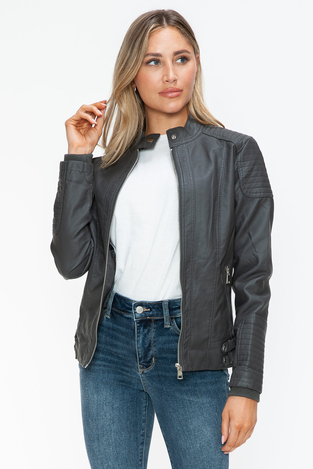 Snobbish Faux Leather Biker Jacket with Side Zip Pockets - Teresa's Fashionista LLC