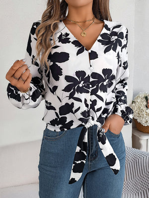 Printed V-Neck Long Sleeve Blouse-Teresa's Fashionista LLC