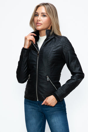 YMI Faux Layered Double-Zipper Jacket with Fuzzy Hood - Teresa's Fashionista LLC