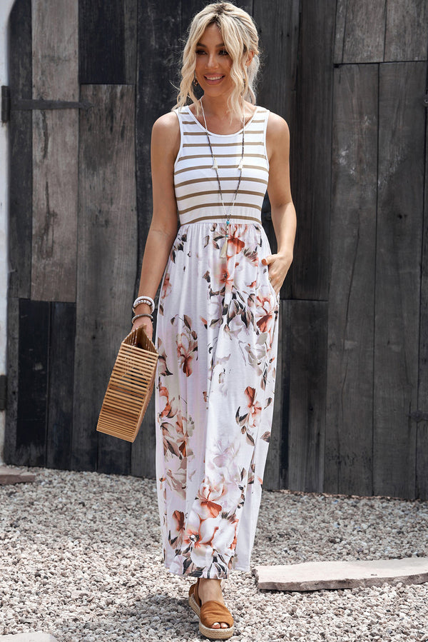 Striped Floral Round Neck Sleeveless Maxi Dress-Teresa's Fashionista LLC