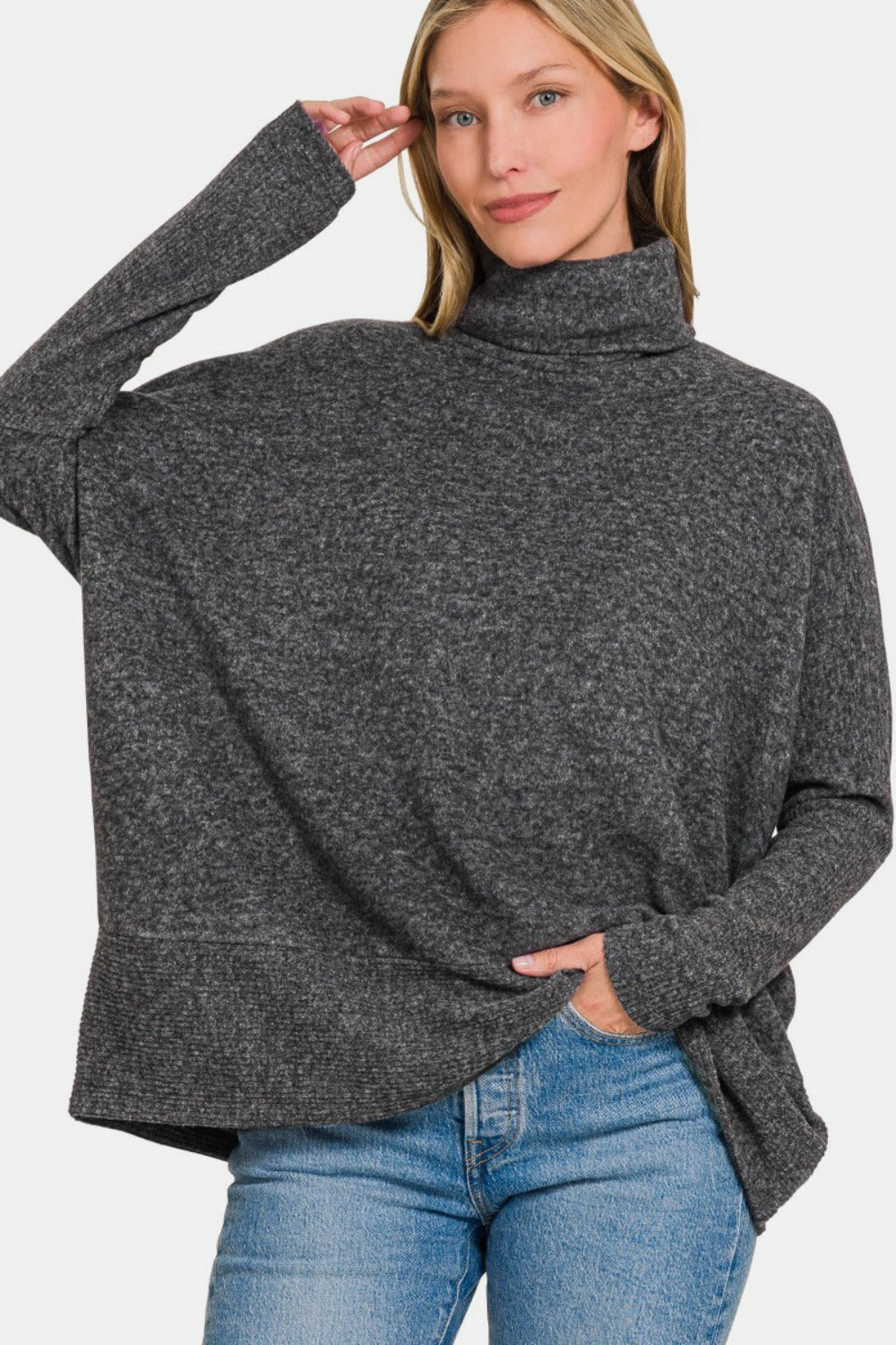 Zenana Full Size Brushed Melange Hacci Turtleneck Sweater - Teresa's Fashionista LLC