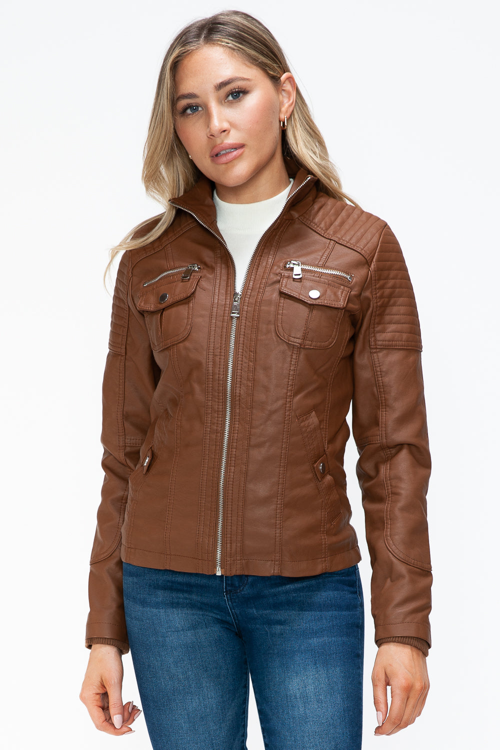 YMI Removable Faux Layered Multi-Pocket Jacket with Fuzzy Hood - Teresa's Fashionista LLC