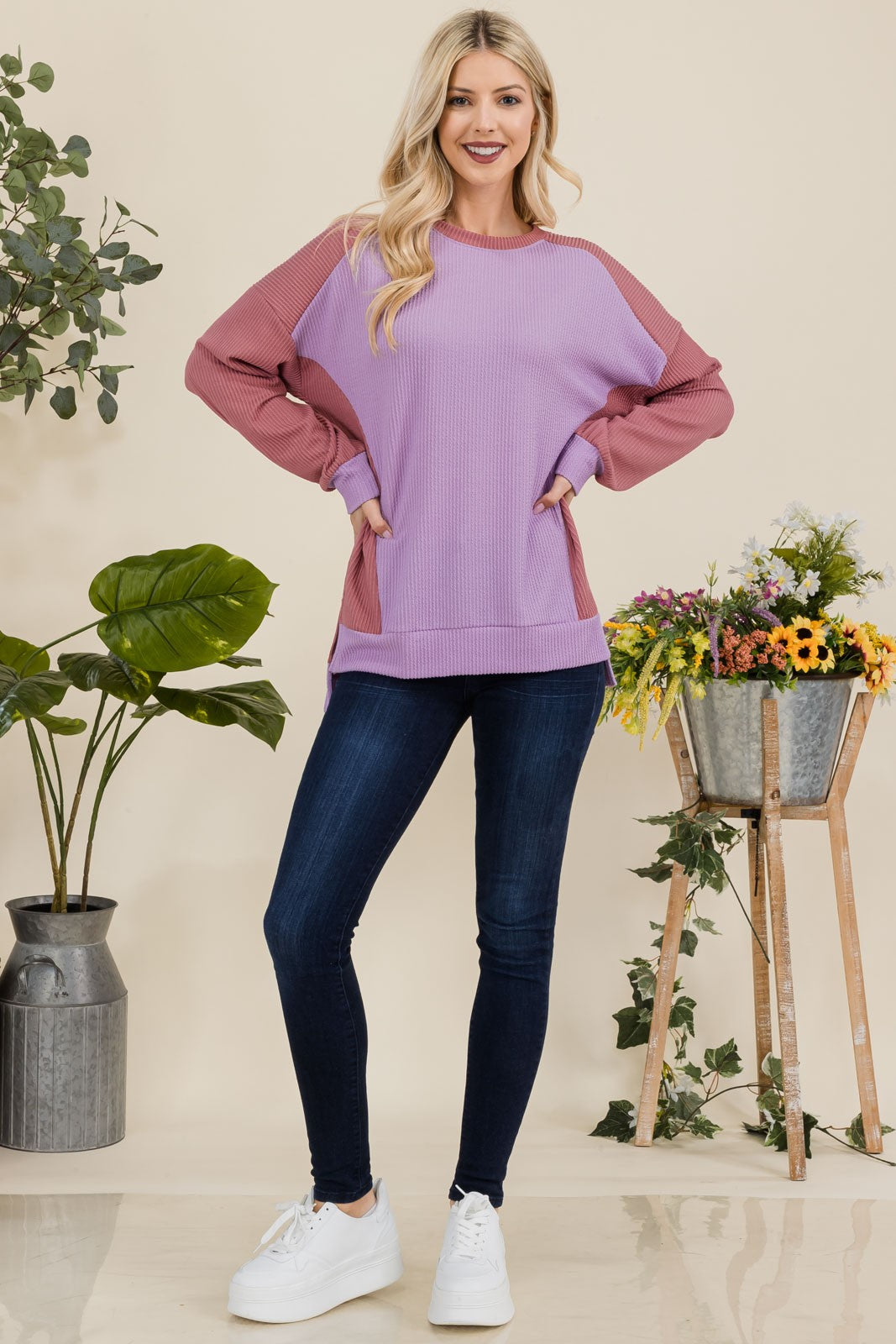 Celeste Full Size High-Low Contrast Round Neck Sweatshirt - Teresa's Fashionista LLC