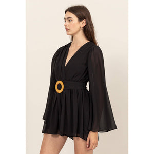 Plunging Neckline Bell Sleeve Romper