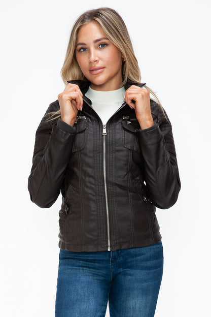 YMI Removable Faux Layered Multi-Pocket Jacket with Fuzzy Hood - Teresa's Fashionista LLC