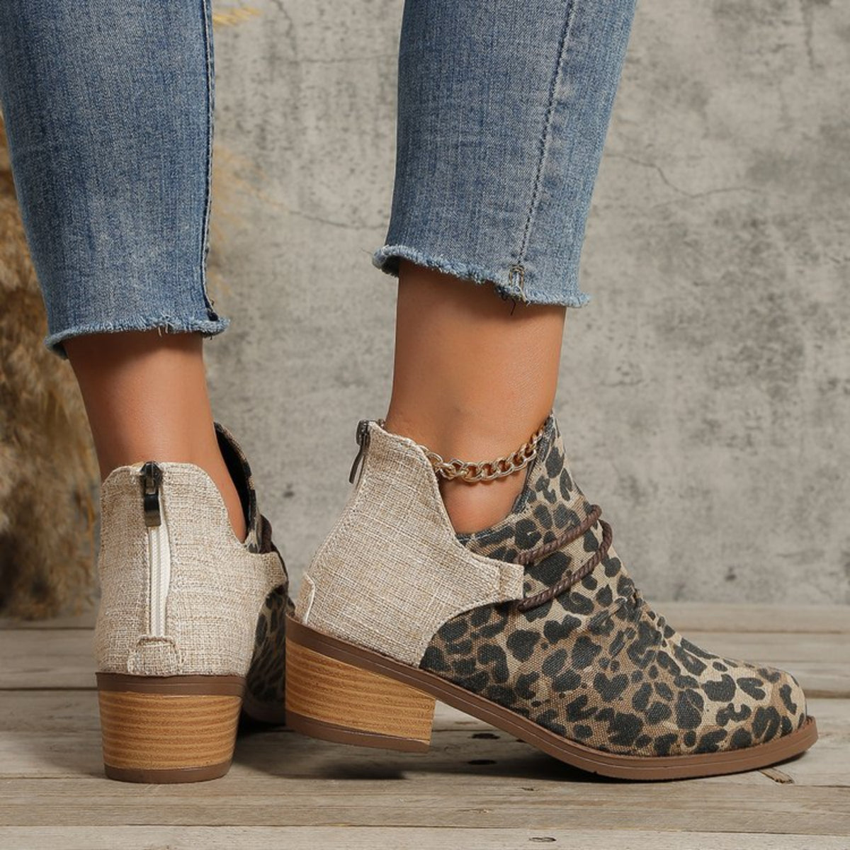Contrast Canvas Low Heel Boots-Teresa&#39;s Fashionista LLC
