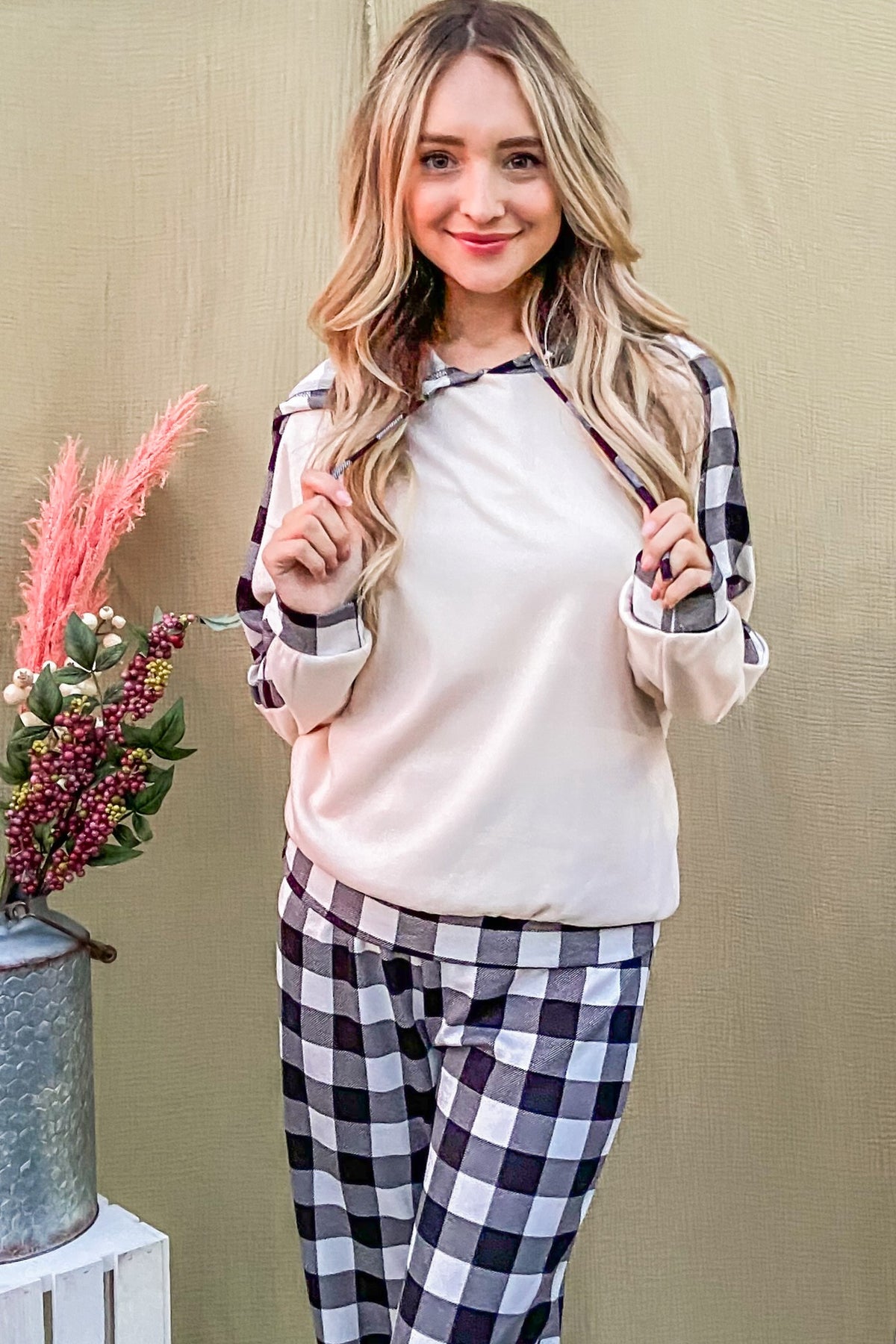 And The Why Drawstring Hooded Top and Plaid Pants Lounge Set - Teresa's Fashionista LLC