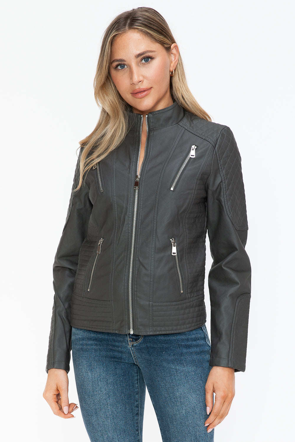 Snobbish Faux Leather Zip Up Mock Neck Jacket - Teresa's Fashionista LLC