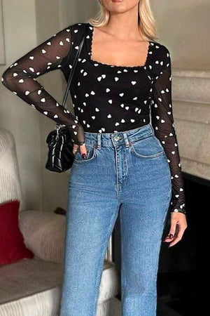 Heart Square Neck Long Sleeve Bodysuit with Lace Detail and Semi-Sheer Sleeves.