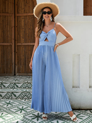 Women's Satin Pleated Jumpsuit - Elegant A-Line Design With Elastic Back, Ice Blue For A Luxurious And Flattering Look - Teresa's Fashionista LLC
