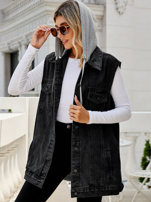Drawstring Pocketed Button Up Sleeveless Denim Jacket-Teresa's Fashionista LLC