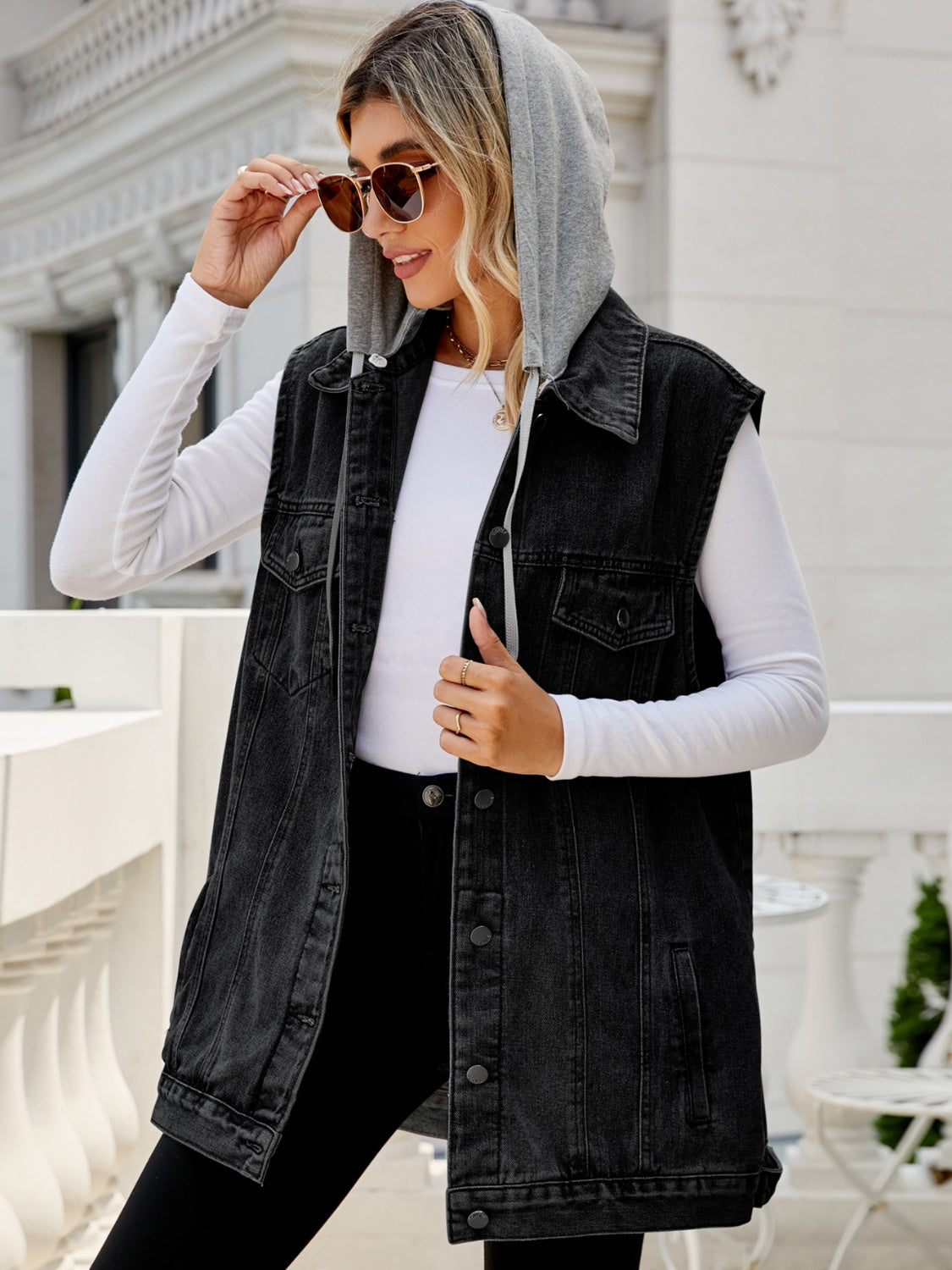 Drawstring Pocketed Button Up Sleeveless Denim Jacket-Teresa&#39;s Fashionista LLC