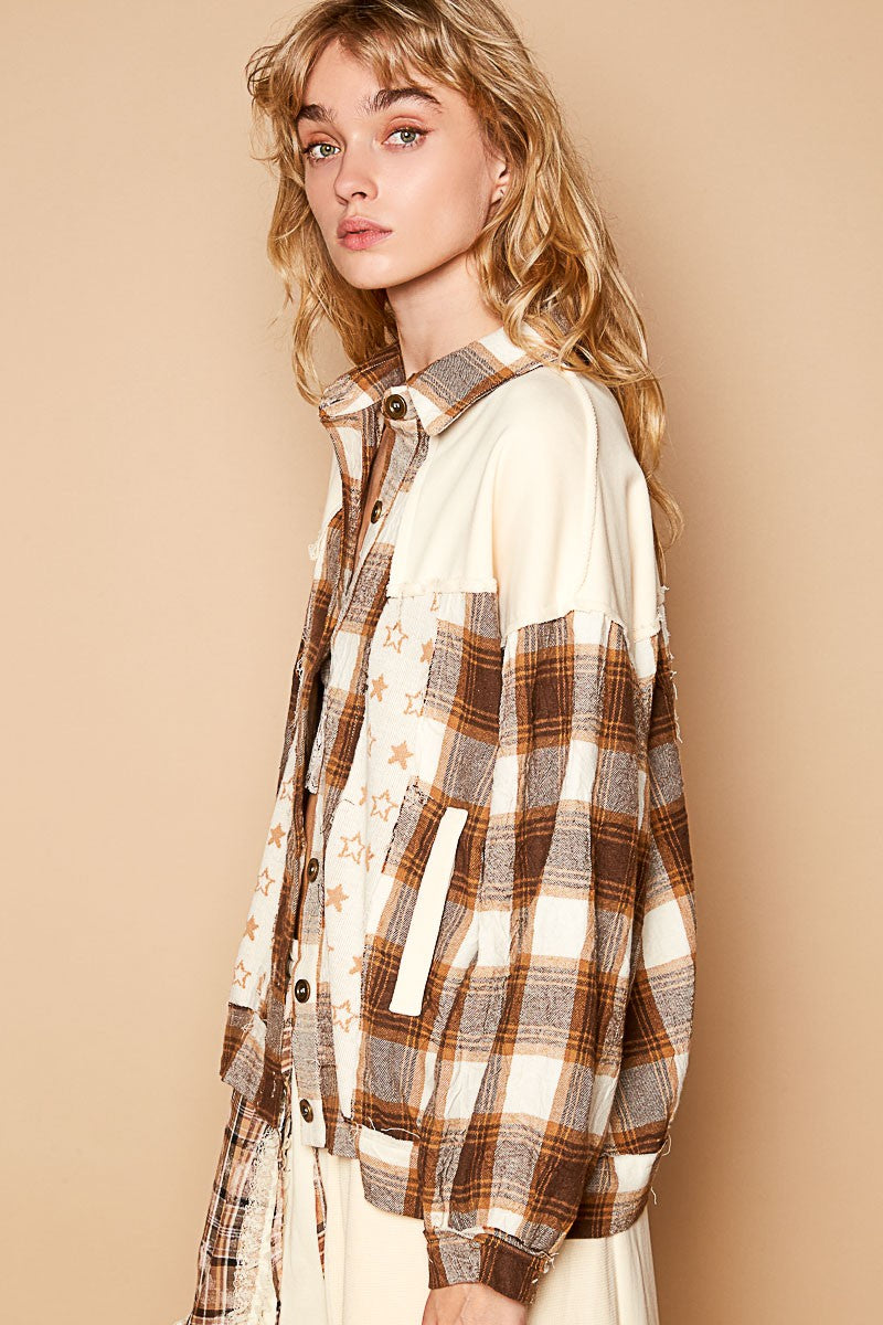 POL Plaid & Star Patchwork Contrast Long Sleeve Shacket - Teresa's Fashionista LLC