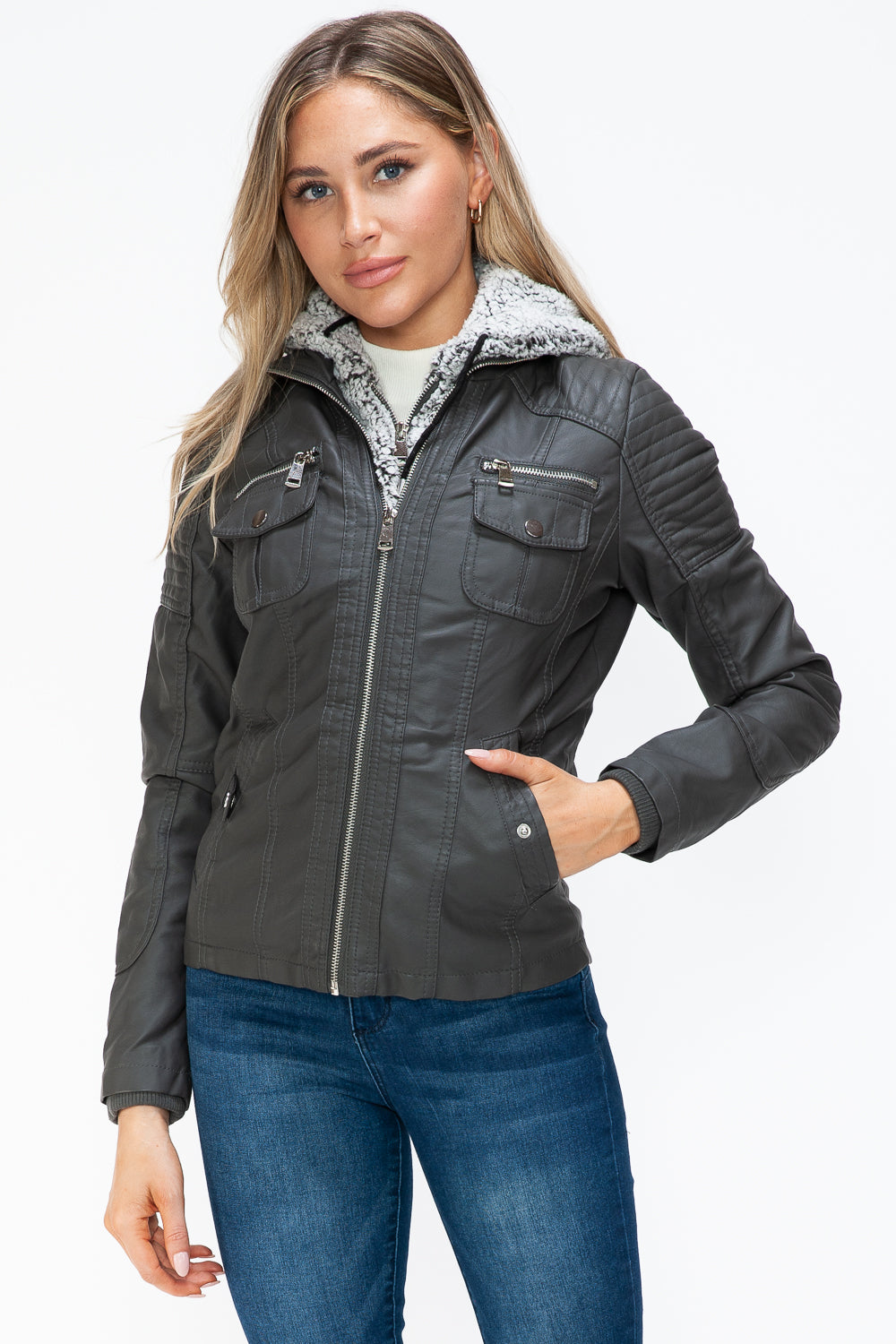 YMI Removable Faux Layered Multi-Pocket Jacket with Fuzzy Hood - Teresa's Fashionista LLC