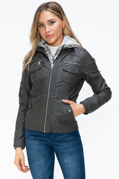 YMI Removable Faux Layered Multi-Pocket Jacket with Fuzzy Hood - Teresa's Fashionista LLC