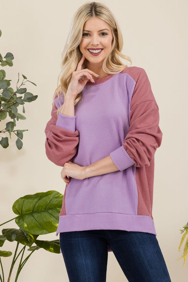 Celeste Full Size High-Low Contrast Round Neck Sweatshirt - Teresa's Fashionista LLC