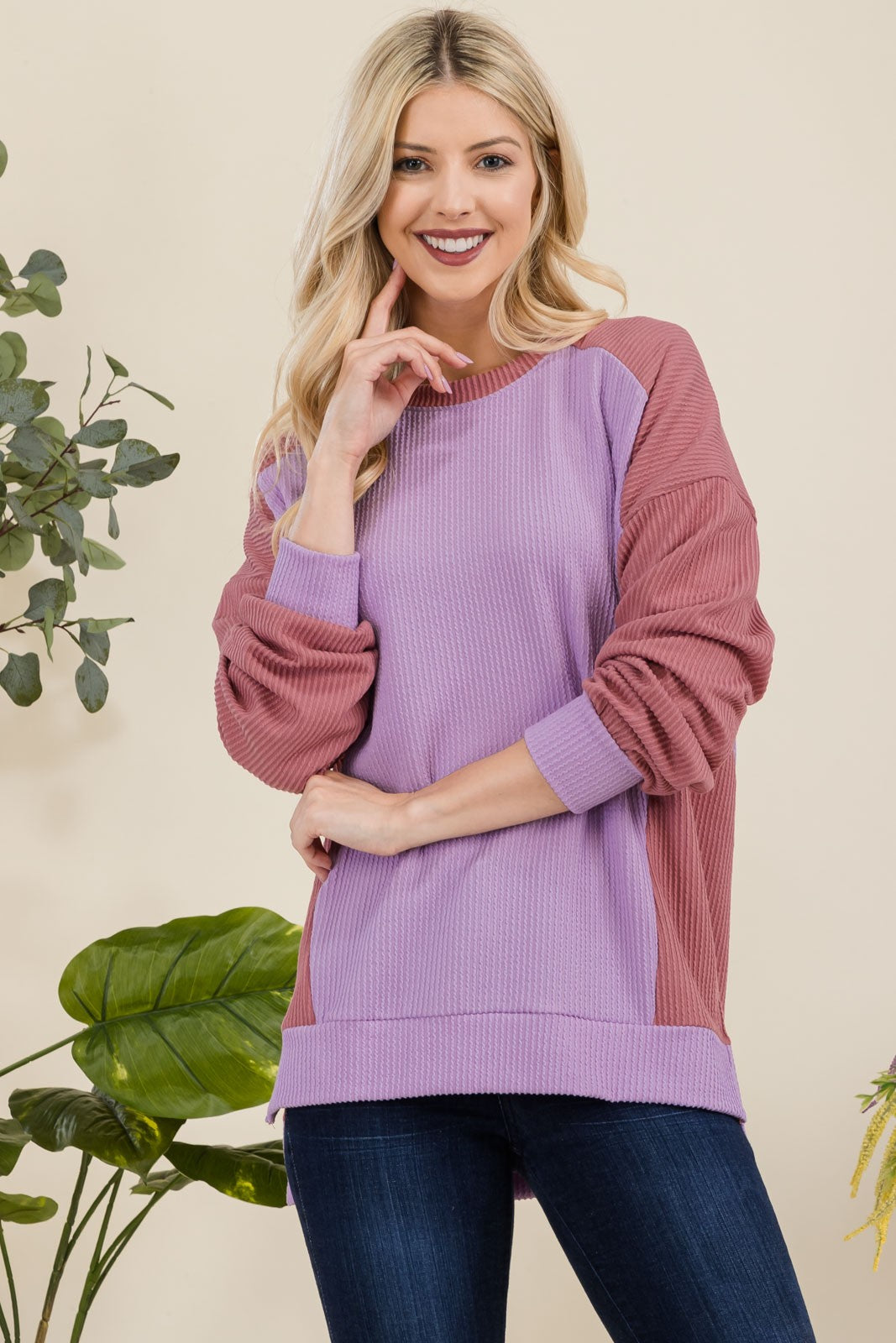 Celeste Full Size High-Low Contrast Round Neck Sweatshirt - Teresa's Fashionista LLC
