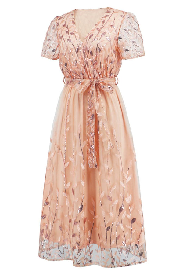 Sequin Leaf Embroidery Tie Front Short Sleeve Dress-Teresa's Fashionista LLC