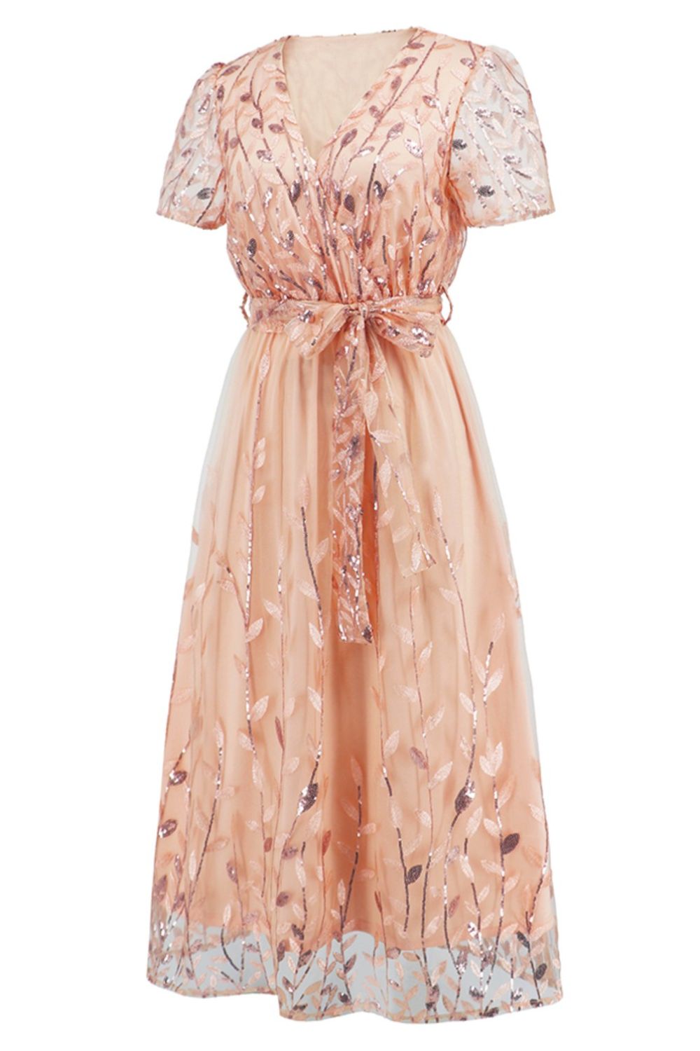 Sequin Leaf Embroidery Tie Front Short Sleeve Dress-Teresa&#39;s Fashionista LLC
