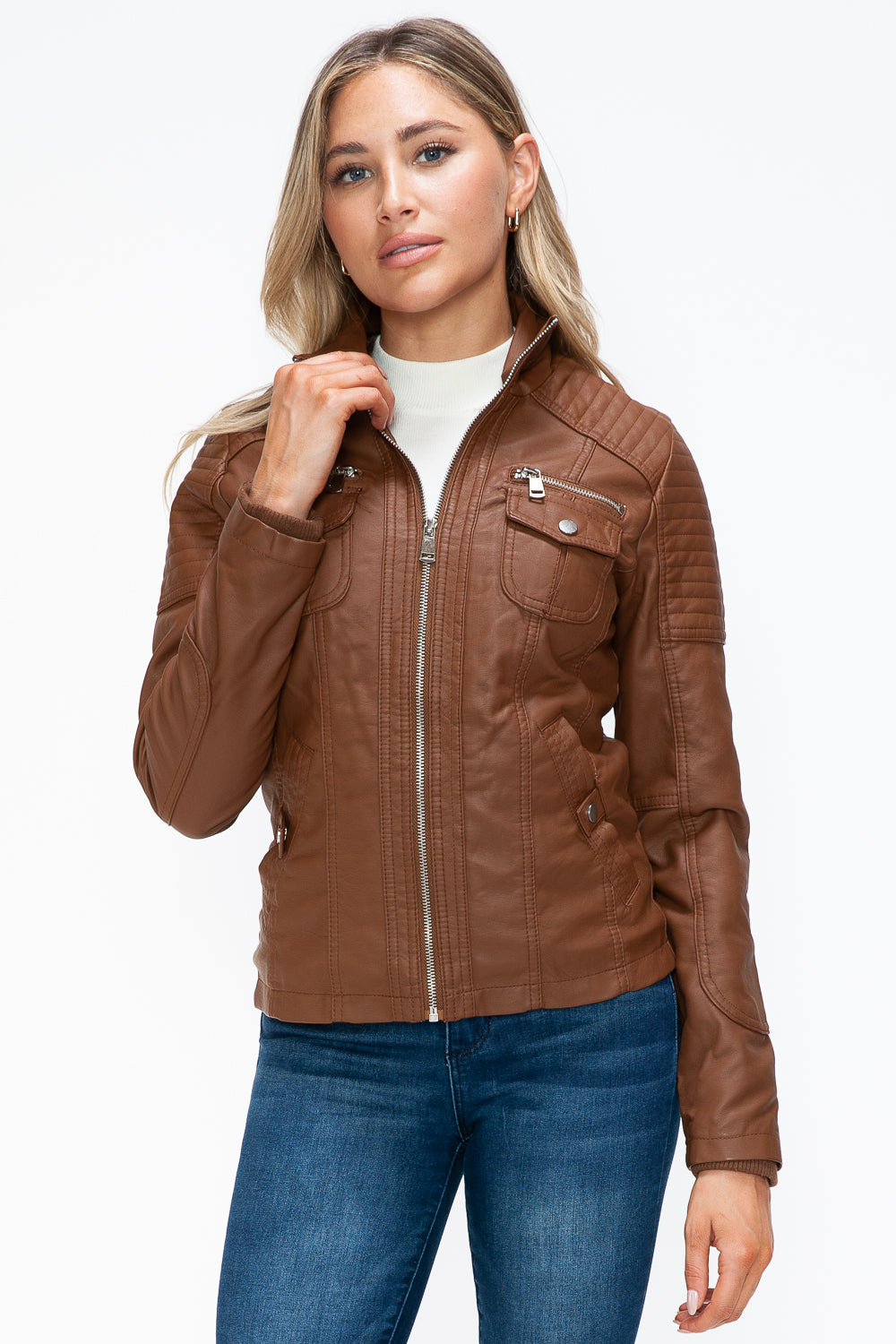 YMI Removable Faux Layered Multi-Pocket Jacket with Fuzzy Hood - Teresa's Fashionista LLC