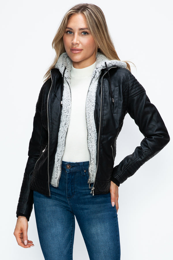 YMI Faux Layered Double-Zipper Jacket with Fuzzy Hood - Teresa's Fashionista LLC