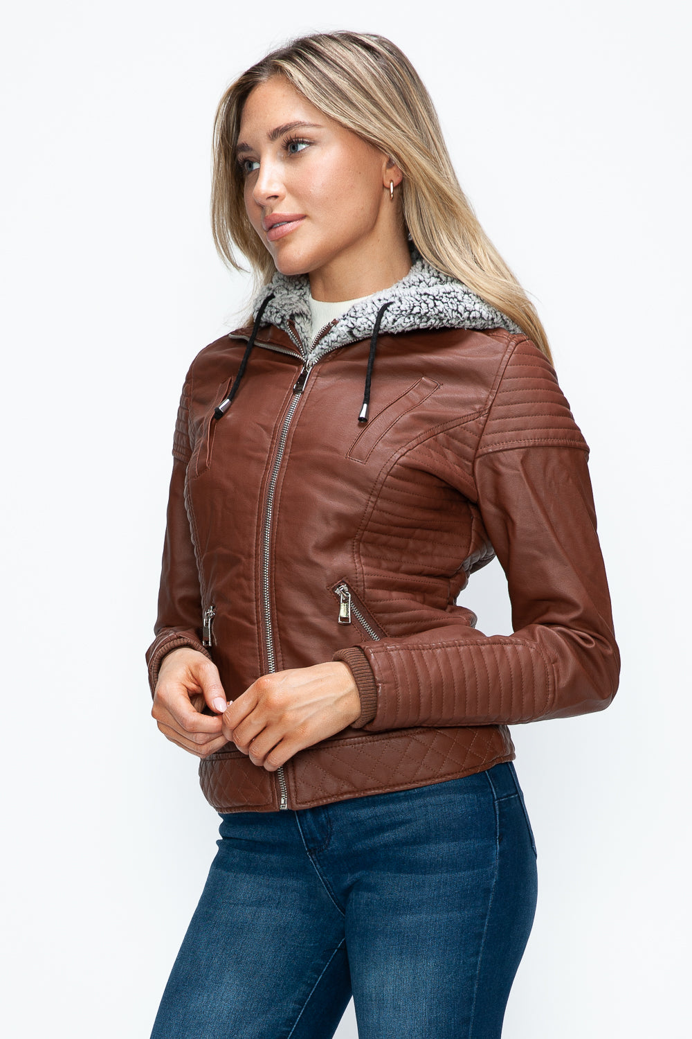 YMI Faux Layered Double-Zipper Jacket with Fuzzy Hood - Teresa's Fashionista LLC