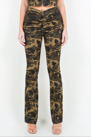 American Bazi V-Cut Ruched Camo Flare Pants - Teresa's Fashionista LLC