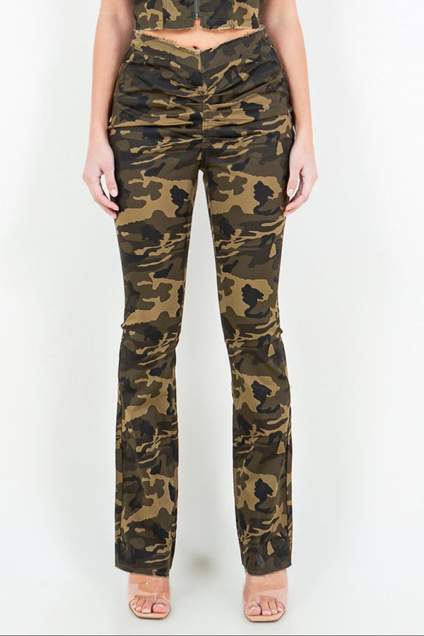 American Bazi V-Cut Ruched Camo Flare Pants - Teresa's Fashionista LLC