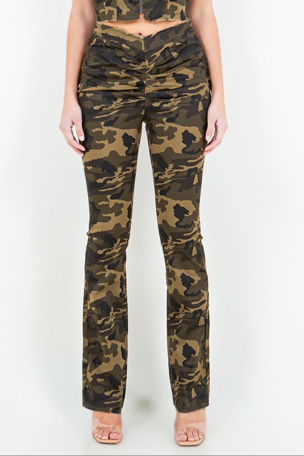 American Bazi V-Cut Ruched Camo Flare Pants - Teresa's Fashionista LLC