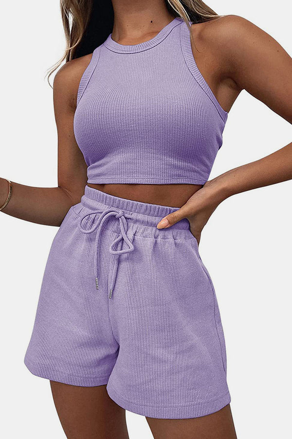 Round Neck Top and Drawstring Shorts Set-Teresa's Fashionista LLC