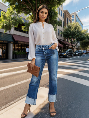 Stepped Waist Raw Hem Rolled Straight Jeans-Teresa's Fashionista LLC