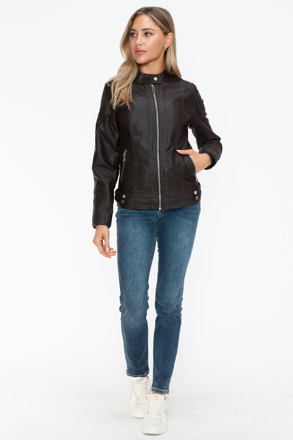 Snobbish Faux Leather Biker Jacket with Side Zip Pockets - Teresa's Fashionista LLC