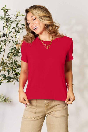 Red round neck short sleeve t-shirt, basic style, slightly stretchy fabric.