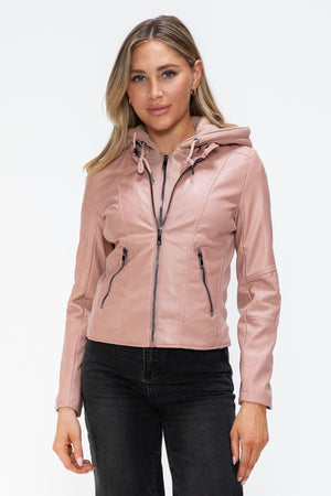 Snobbish Faux Leather Zip Up Drawstring Hooded Jacket - Teresa's Fashionista LLC