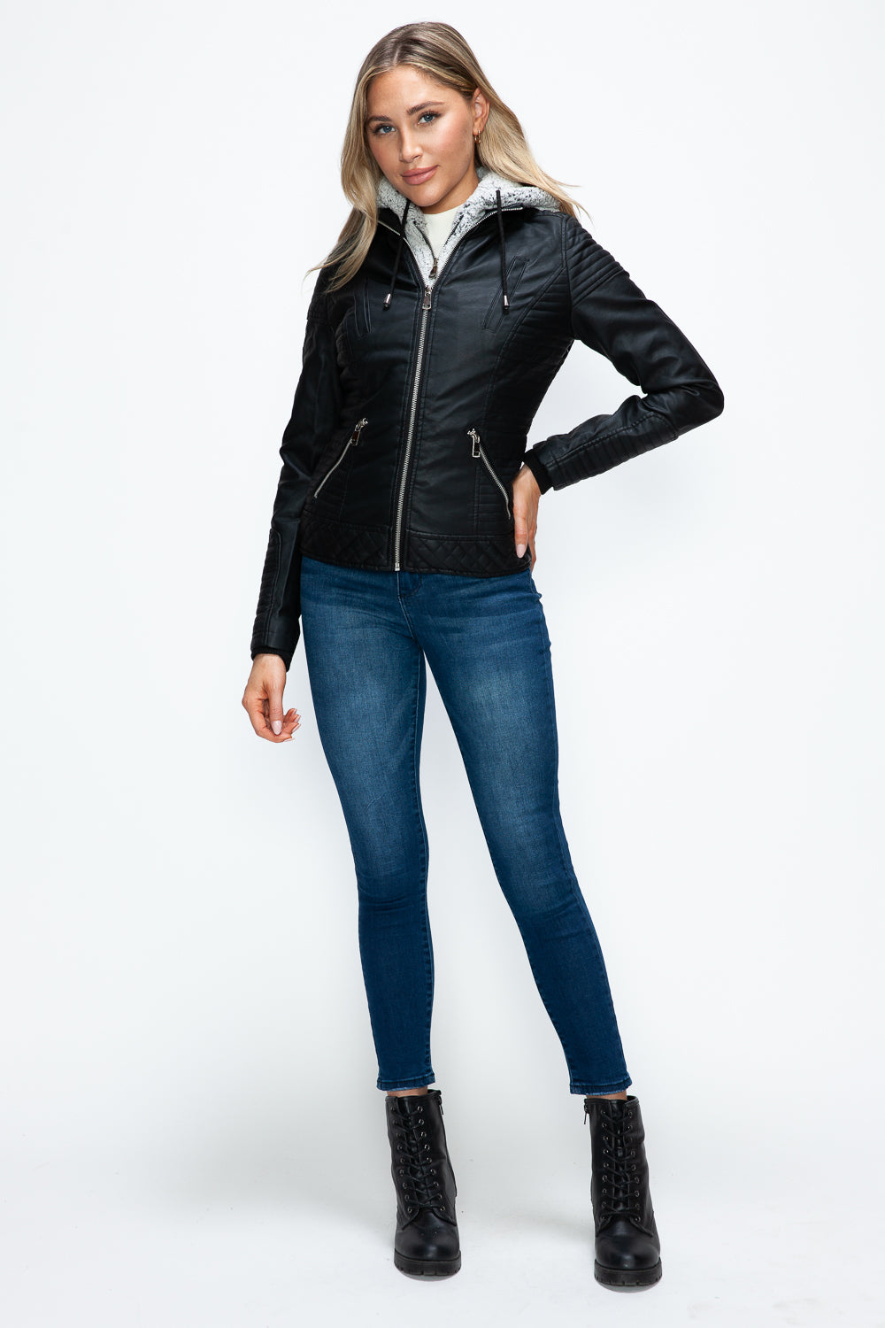 YMI Faux Layered Double-Zipper Jacket with Fuzzy Hood - Teresa's Fashionista LLC