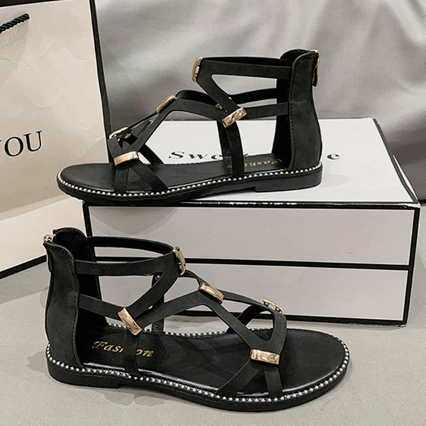 Open Toe Back Zipper Flat Sandals-Teresa's Fashionista LLC