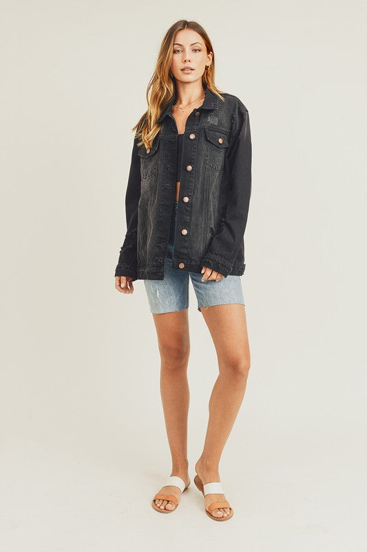 RISEN Full Size Distressed Long Sleeve Denim Jacket - Teresa's Fashionista LLC
