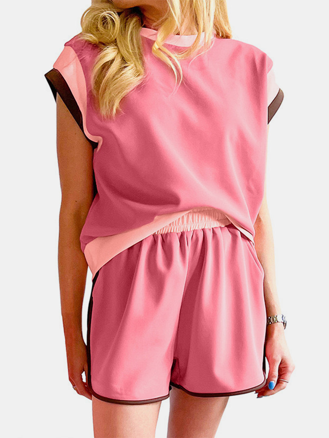 Contrast Round Neck Top and Shorts Set-Teresa&#39;s Fashionista LLC