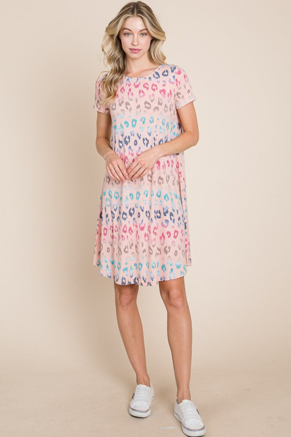 BOMBOM Leopard Round Neck Short Sleeve Dress-Teresa's Fashionista LLC