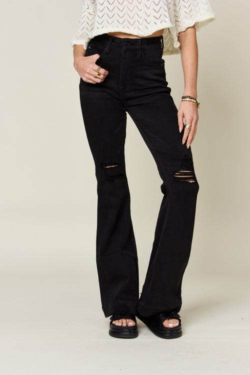 Judy Blue Full Size High Waist Distressed Flare Jeans-Teresa's Fashionista LLC