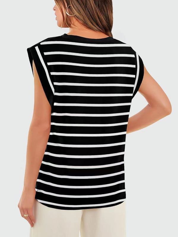 Striped Round Neck Cap Sleeve T-Shirt-Teresa's Fashionista LLC