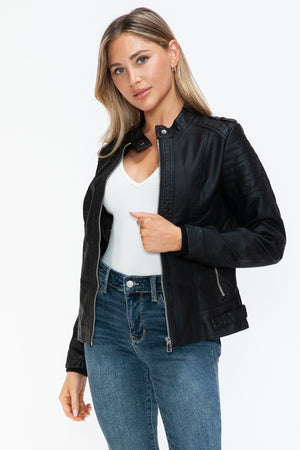 Snobbish PU Leather Biker Jacket with Side Zip Pockets - Teresa's Fashionista LLC