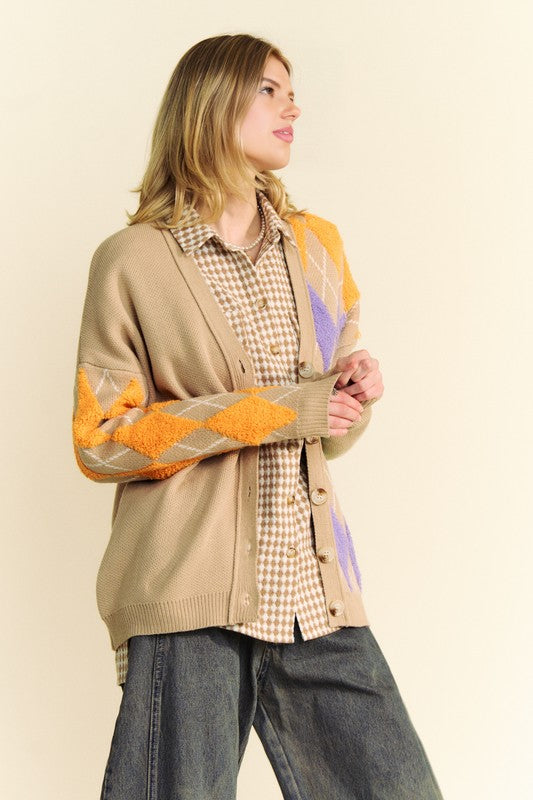 Davi & Dani Argyle V-Neck Dropped Shoulder Cardigan - Teresa's Fashionista LLC