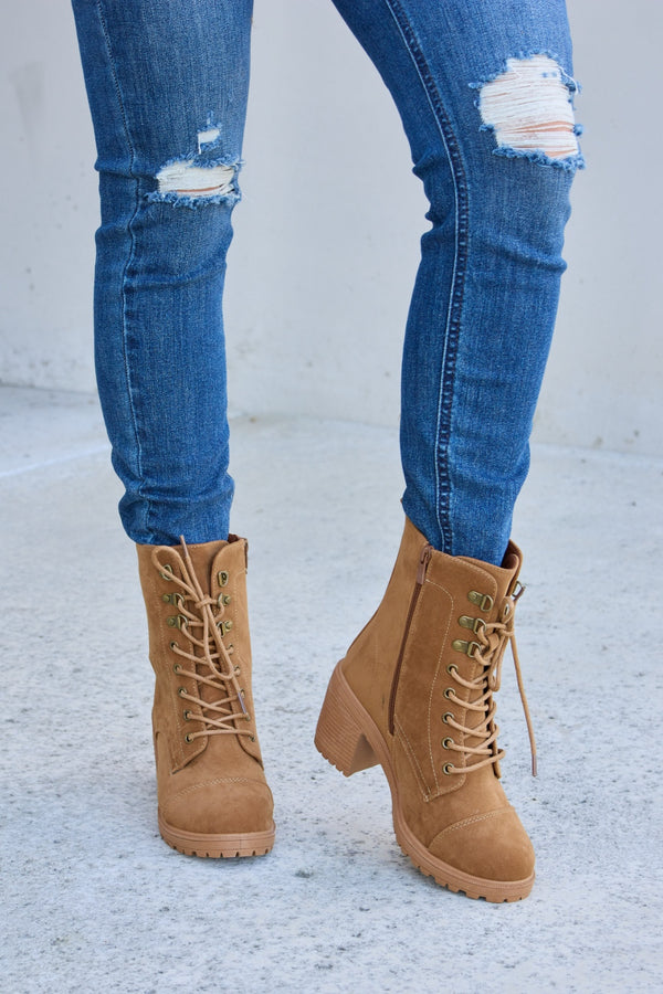 Forever Link Lace-Up Zipper Detail Block Heel Boots-Teresa's Fashionista LLC
