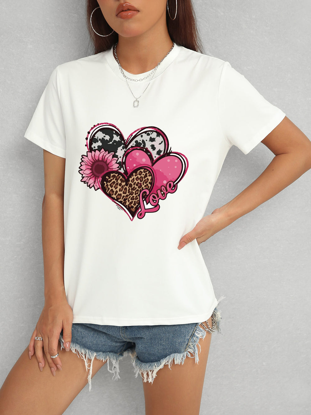 Heart Round Neck Short Sleeve T-Shirt-Teresa's Fashionista LLC