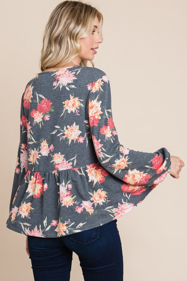 Super Lady Full Size Babydoll Floral Long Sleeve Blouse - Teresa's Fashionista LLC